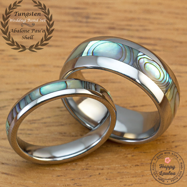 Mother Of Pearl Abalone Pau'a Shell Tungsten Carbide Wedding Band Set