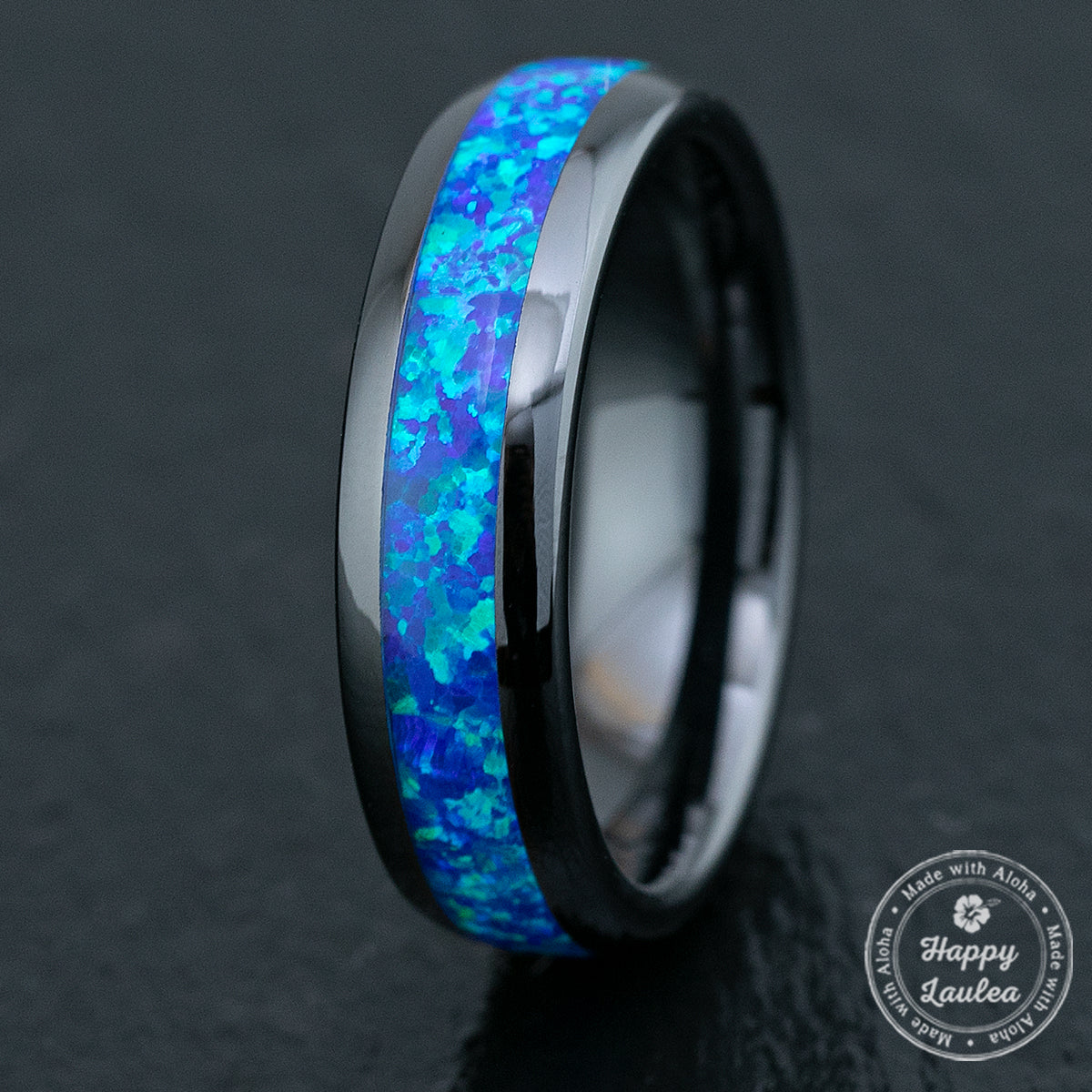 Black Hi-Tech Ceramic Ring / Blue Opal Inlay / 6mm / Dome Shape & Comfort Fitment