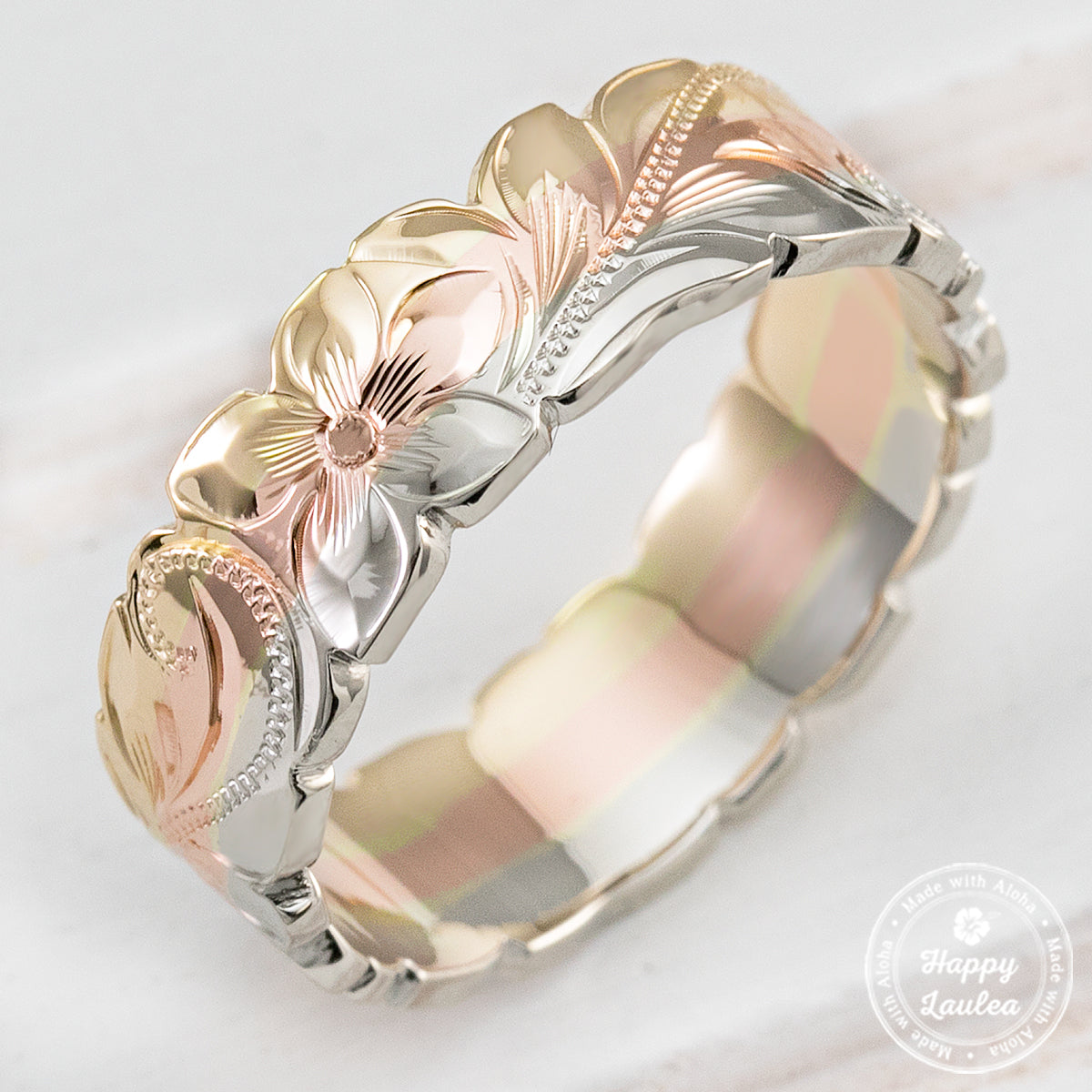 Tri-Gold Waved Edged Hawaiian Jewelry Ring - 6mm, Flat Shape, Standard Fitment