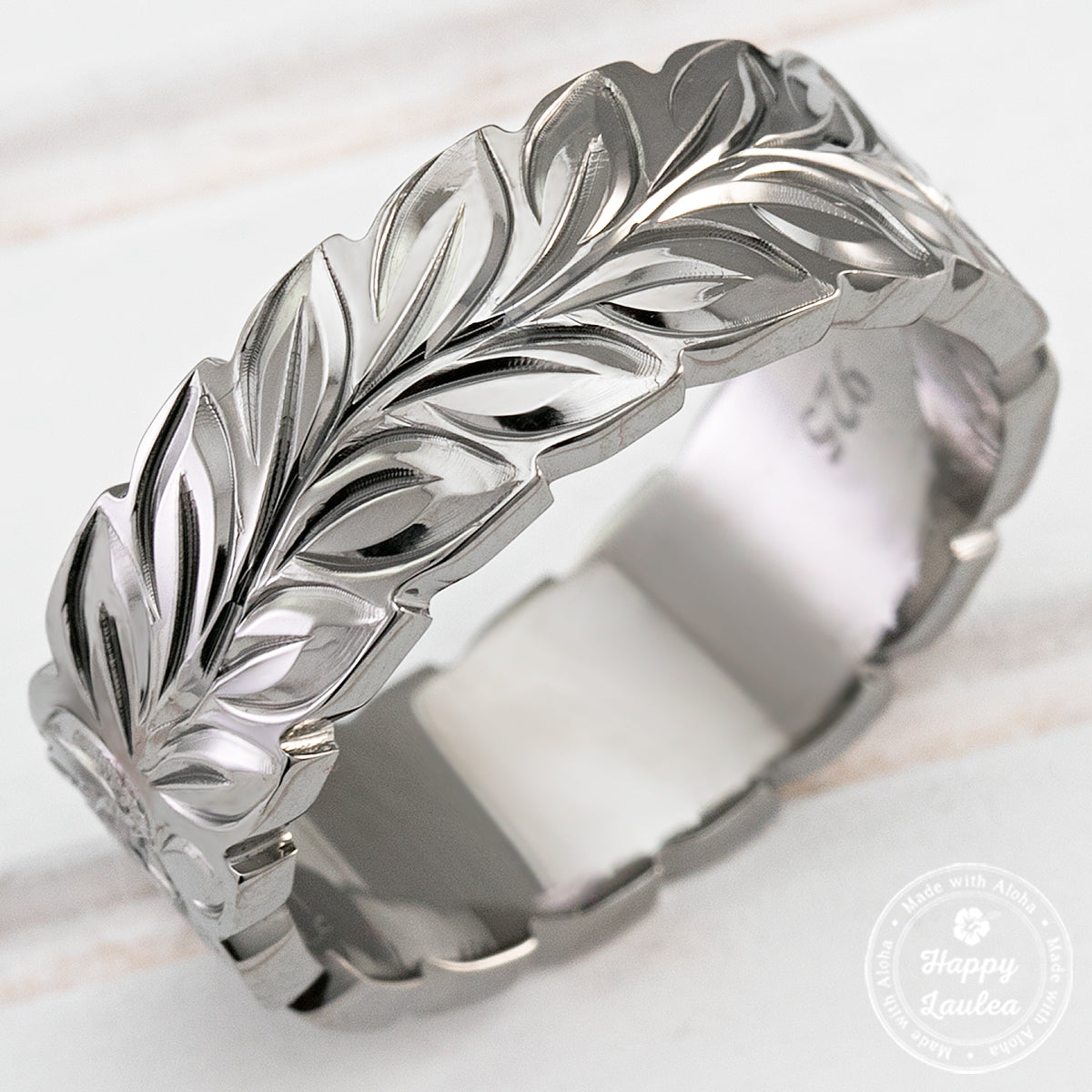 Black Rhodium 925 Sterling Silver Hand Engraved Ring with Maile Leaf
