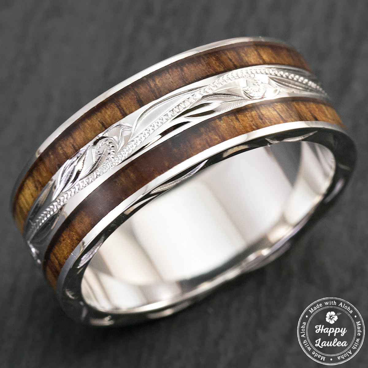 White gold ring with twin Hawaiian koa wood inlays and a hand engraved center band