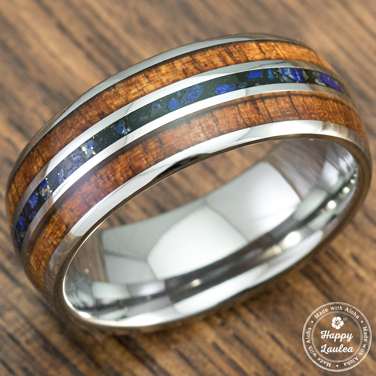 Tungsten Carbide Ring with Koa Wood & Lapis Lazuli Tri Inlay - 8mm, Dome Shape, Comfort Fitment
