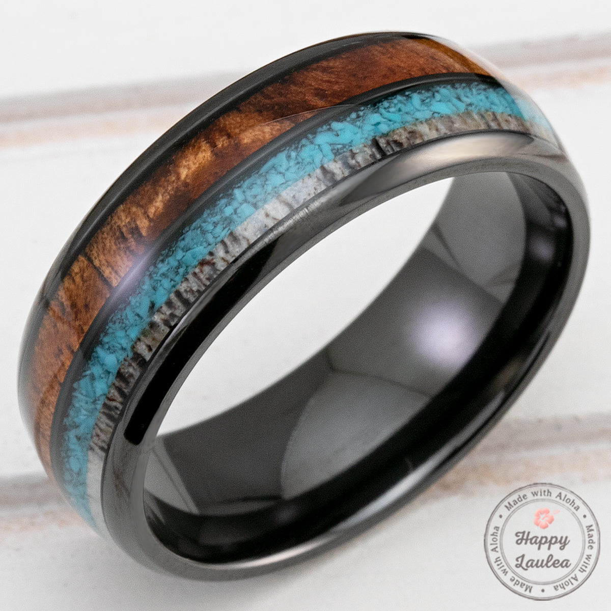 Black Zirconium 8mm Ring with Antler, Turquoise & Hawaiian Koa Wood Tri-Inlay - Dome Shape, Comfort Fitment