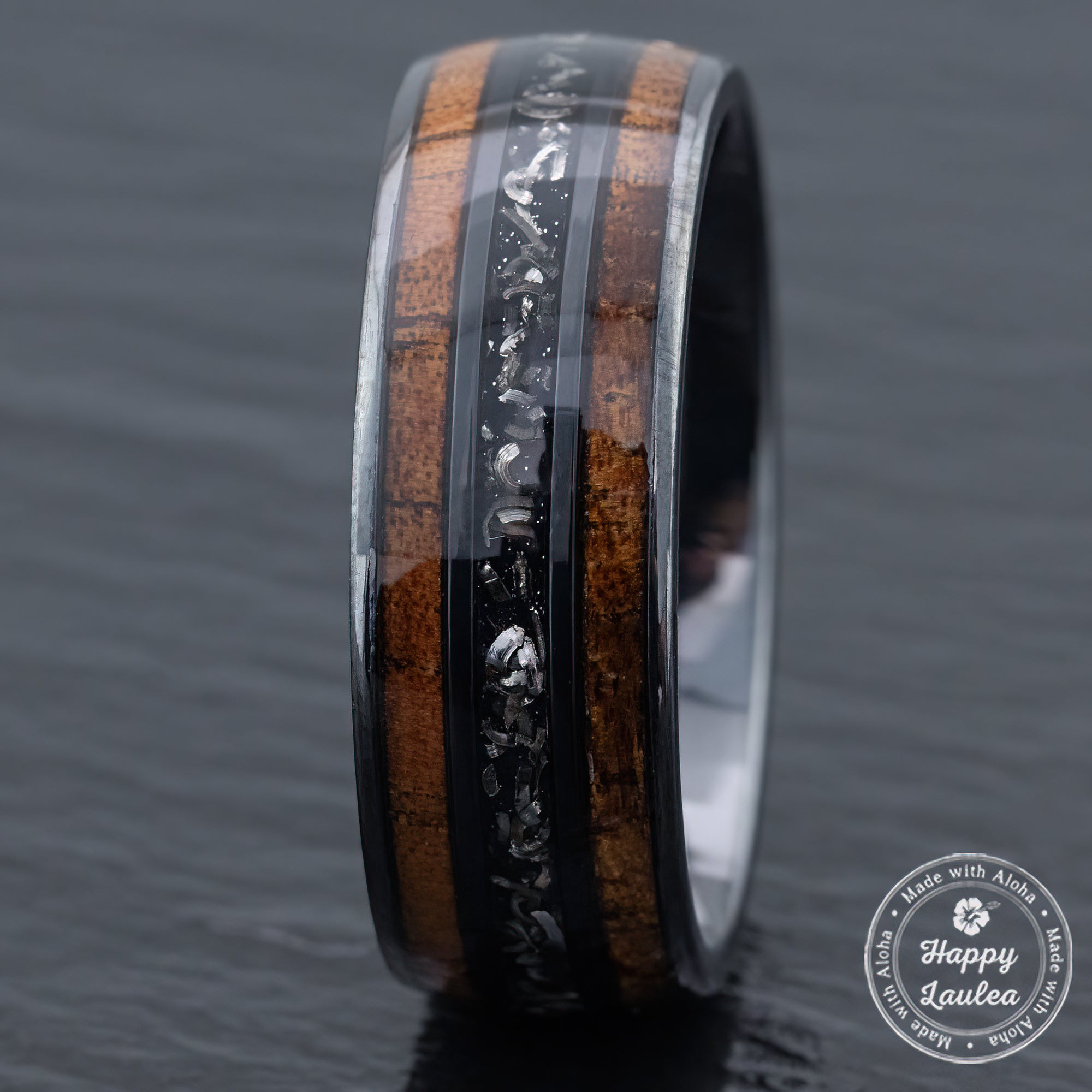 Black Titanium Ring [8mm width] Hawaiian Koa Wood Meteorite