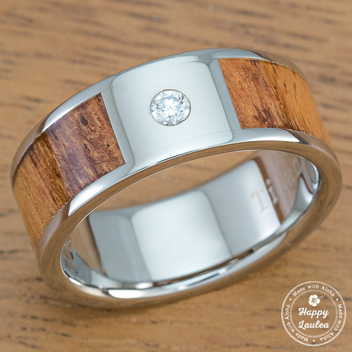 Titanium Diamond Ring with Hawaiian Koa Wood Inlay 8mm, Flat Shape,