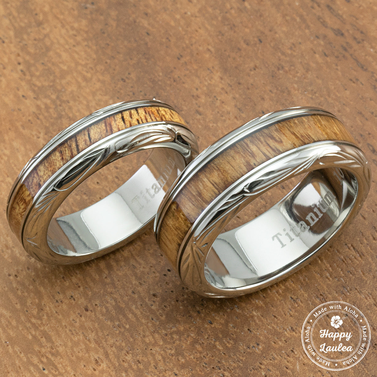 Pair of Hand Engraved Titanium Couple/Wedding Ring with Hawaiian Koa W