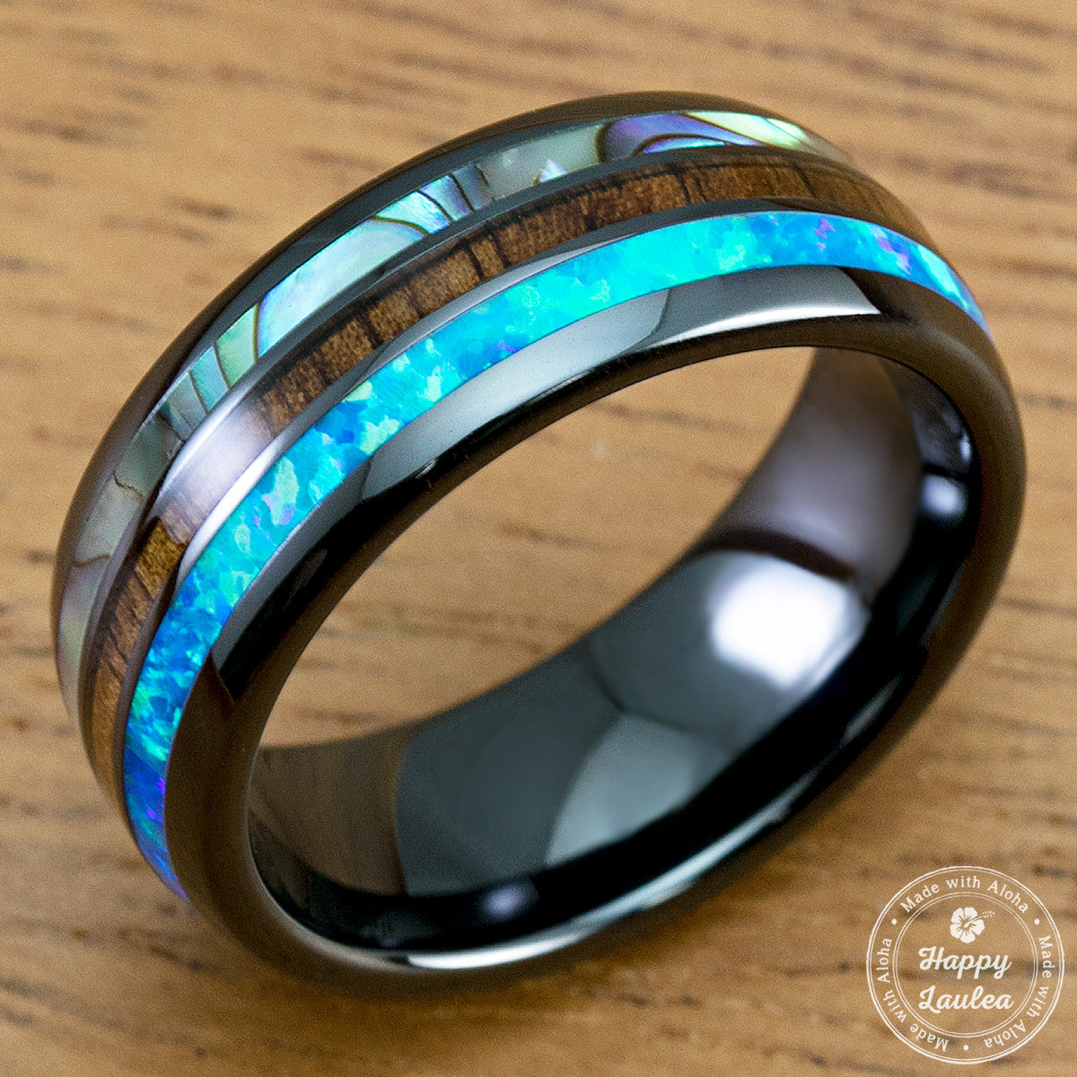 HI-TECH Black Ceramic Ring with Abalone Shell, Koa Wood & Opal Inlay - 8mm, Dome Shape, Comfort Fitment