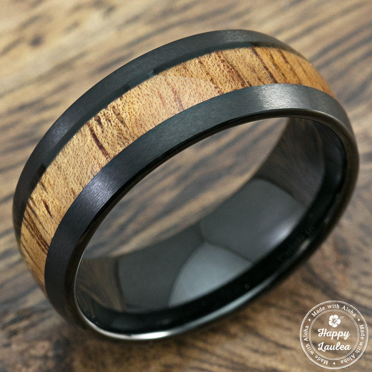 Black Tungsten Carbide Brush Finish Ring with Koa Wood Inlay, 6-8mm, D