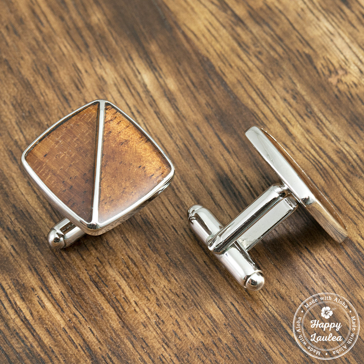 Silver Coated Brass Cufflinks with Koa Wood Inlay - 14mm x 14mm