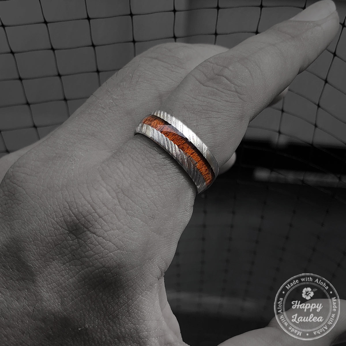 Damascus Steel Ring with Koa Wood Inlay - 8mm, Dome Shape, Comfort Fitment