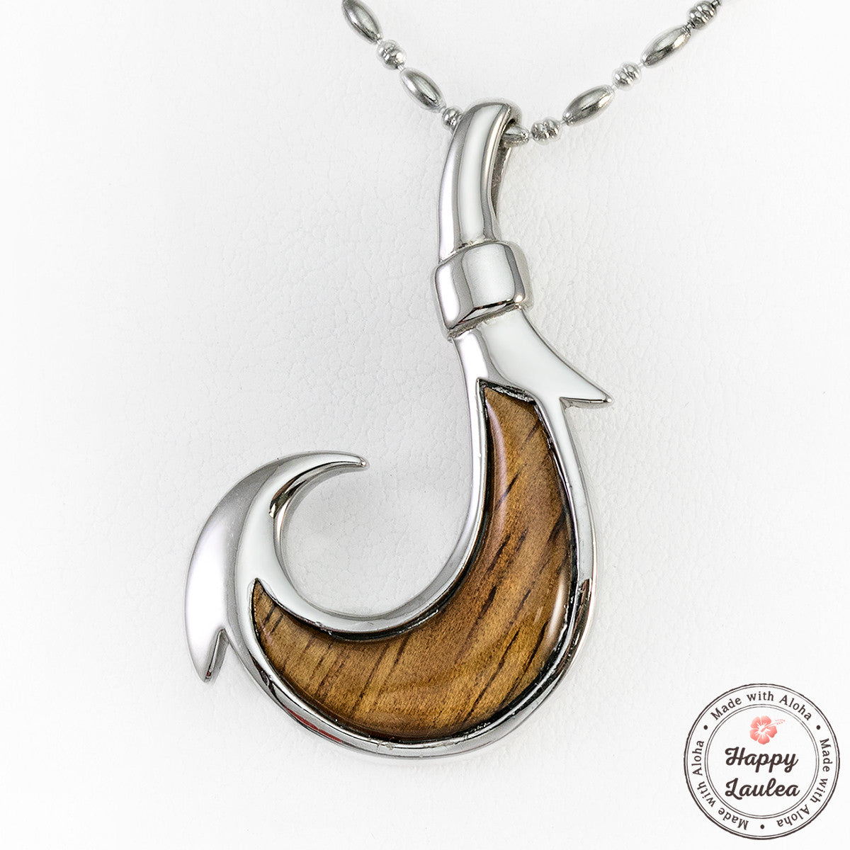 925 Sterling Silver Fish Hook Pendant with Koa Wood Inlay