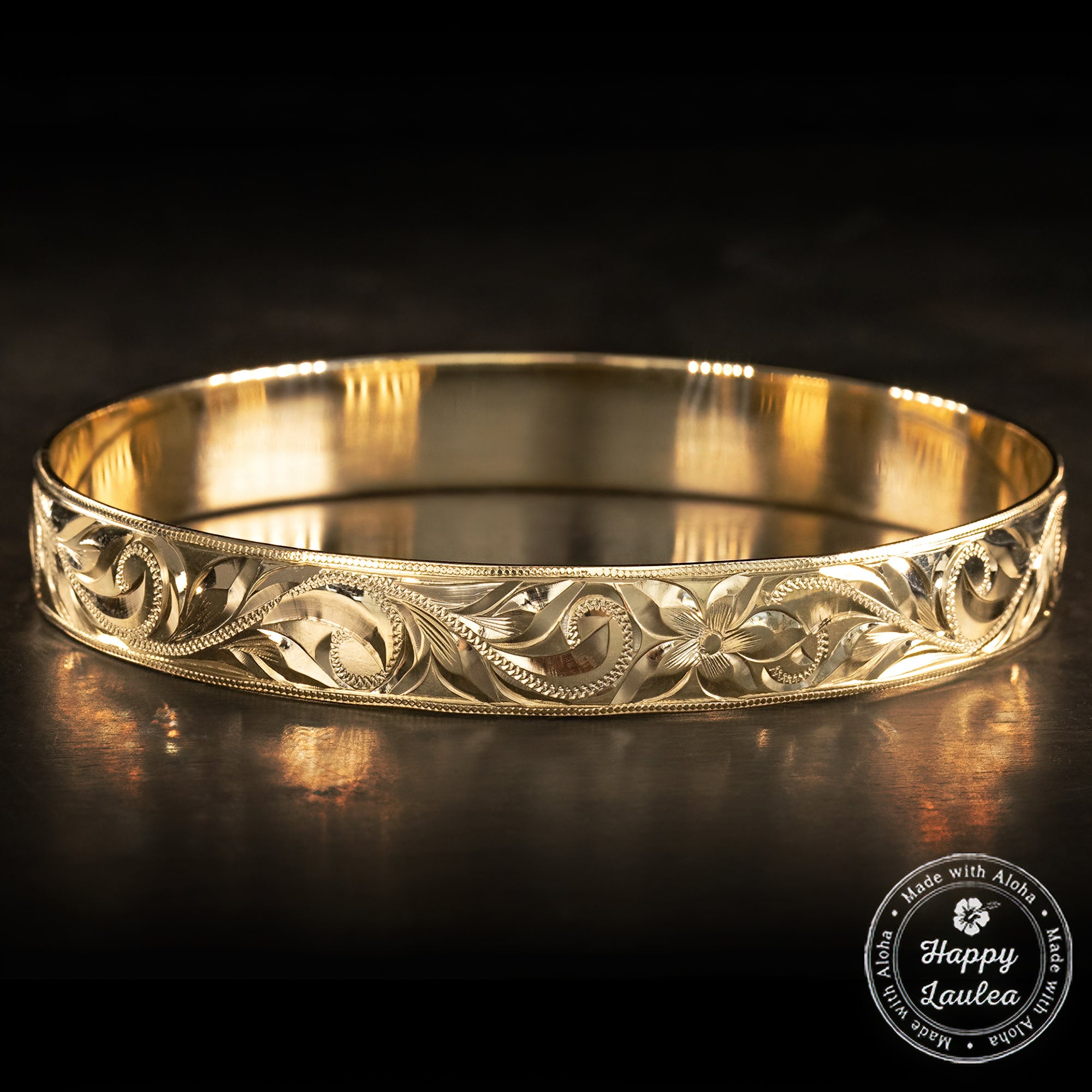 14K Gold Hawaiian Heirloom Jewelry Bracelet [10mm width] Black Enamel Custom Name Lettering