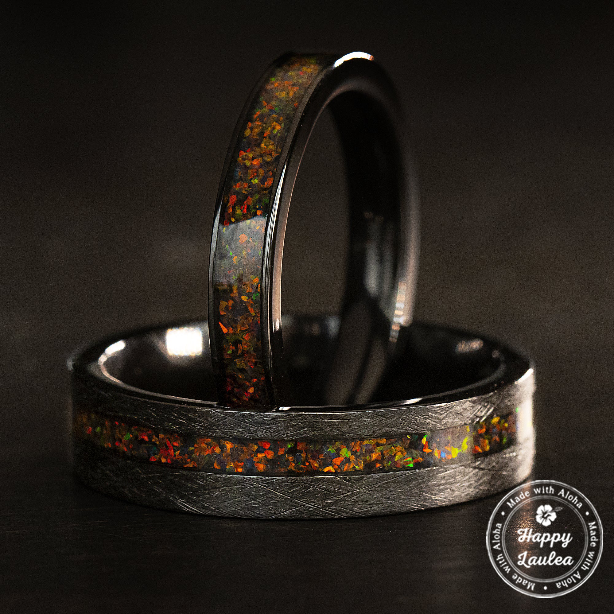 Pair of Zirconium Rings [4&6mm width] Fire Opal Inlay Flat Shape, Co