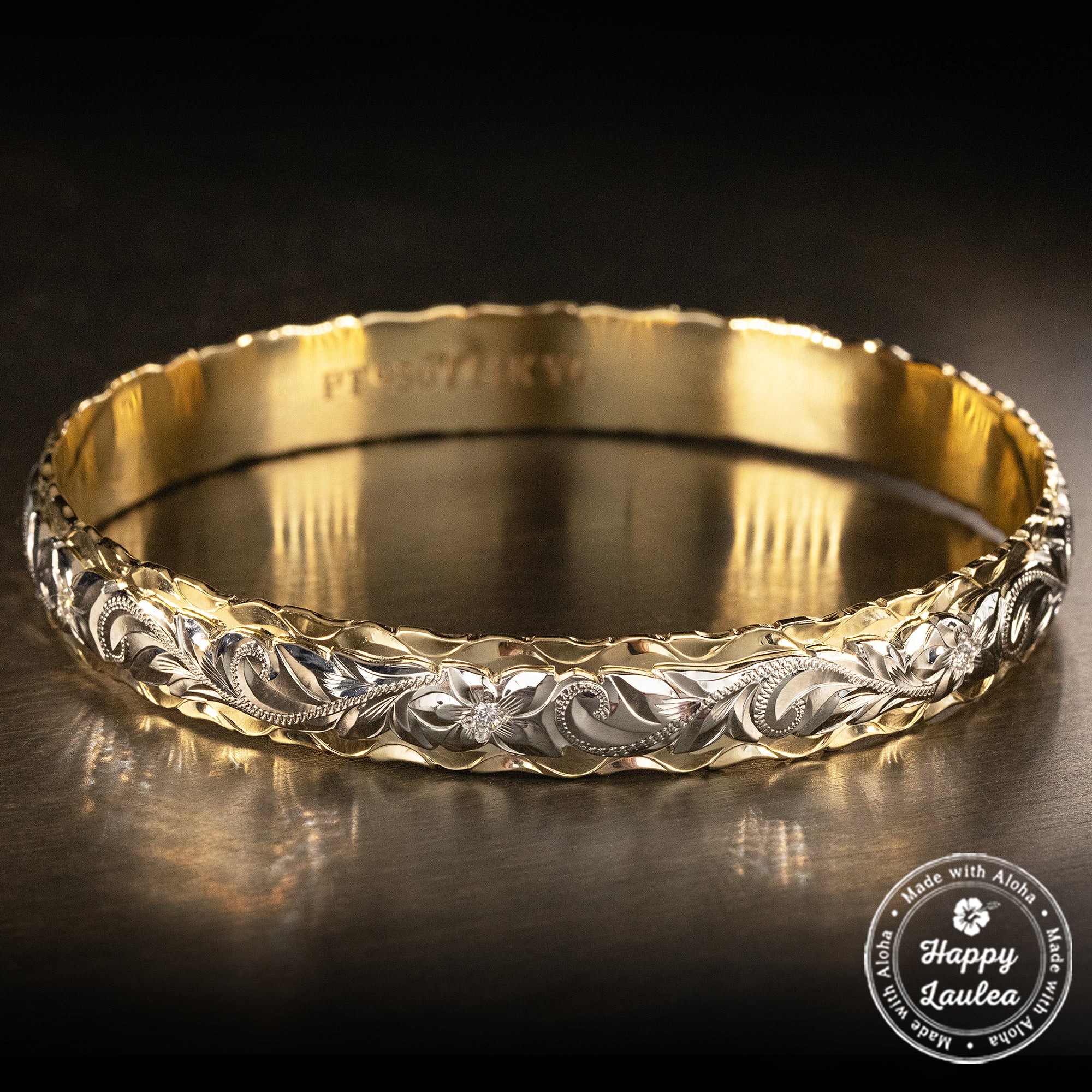 14K Gold Two Tone Bracelet 10mm x 6mm Hawaiian Jewelry Hand Engraved