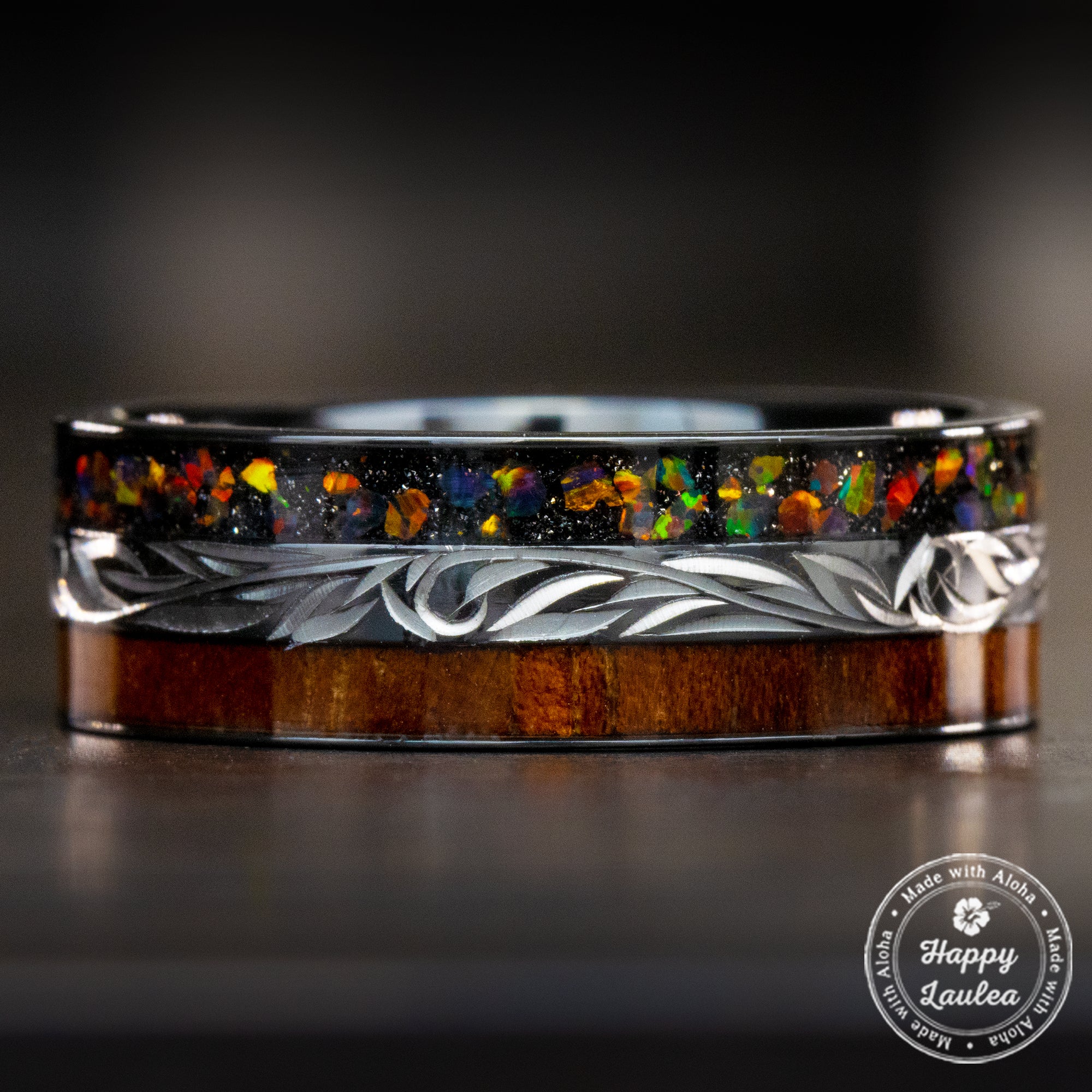 Black Zirconium Hand Engraved [8mm width] Fire Opal Hawaiian Koa Woo