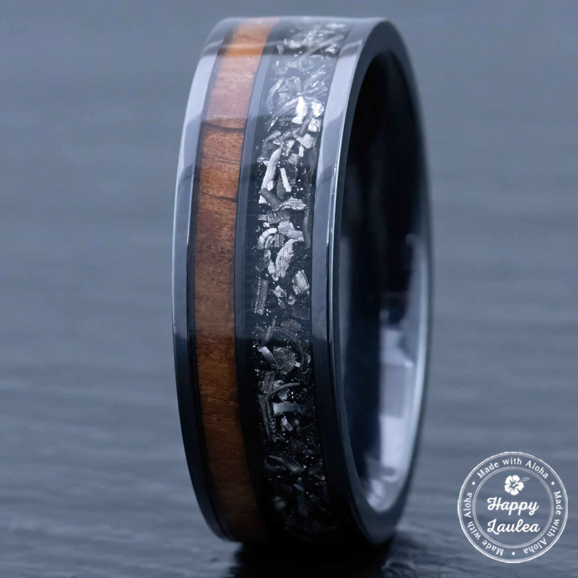 Black Titanium Ring Noho ana Way of Life 7mm width Gibeon Meteorite Hawaiian Koa Wood