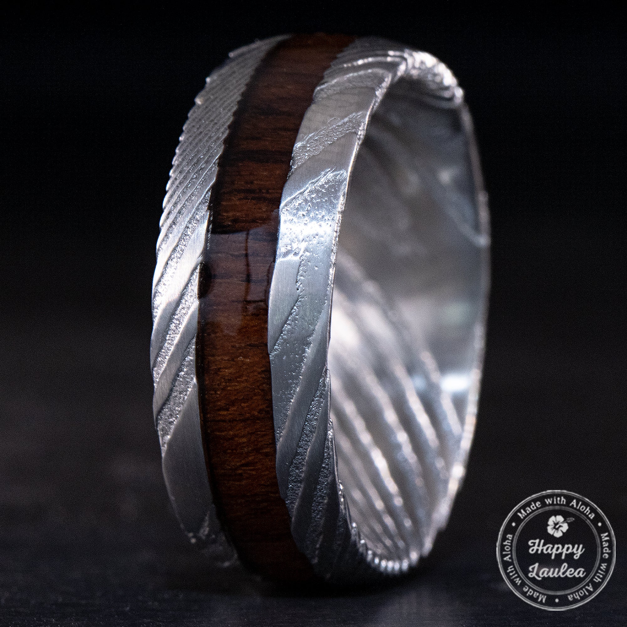 Damascus Steel Ring with Koa Wood Inlay - 8mm, Dome Shape, Comfort Fitment