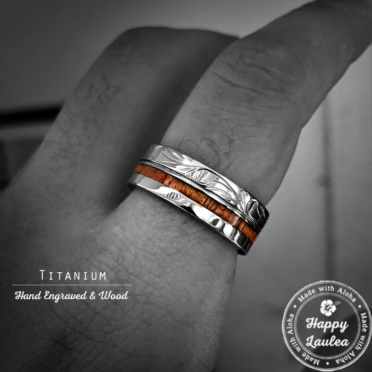Titanium Ring with Hawaiian Koa Wood Inlay Hand Engraved with Hawaiian Heritage Design - 8mm, Standard Fitment, Flat Shaped