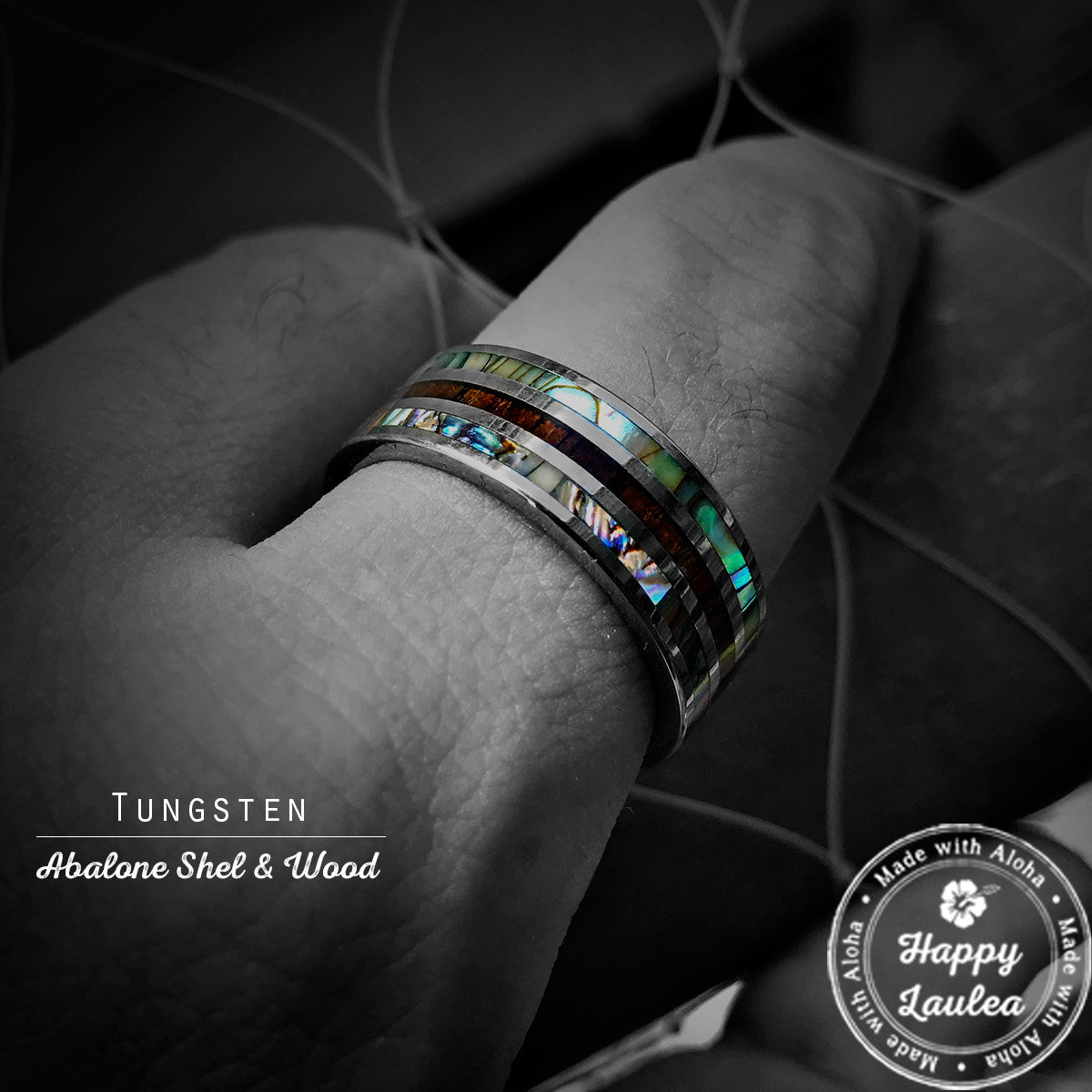 Tungsten Carbide Ring with Hawaiian Koa Wood and Abalone Pau'a Shell Tri Inlay - 8mm, Flat Shape, Comfort Fitment