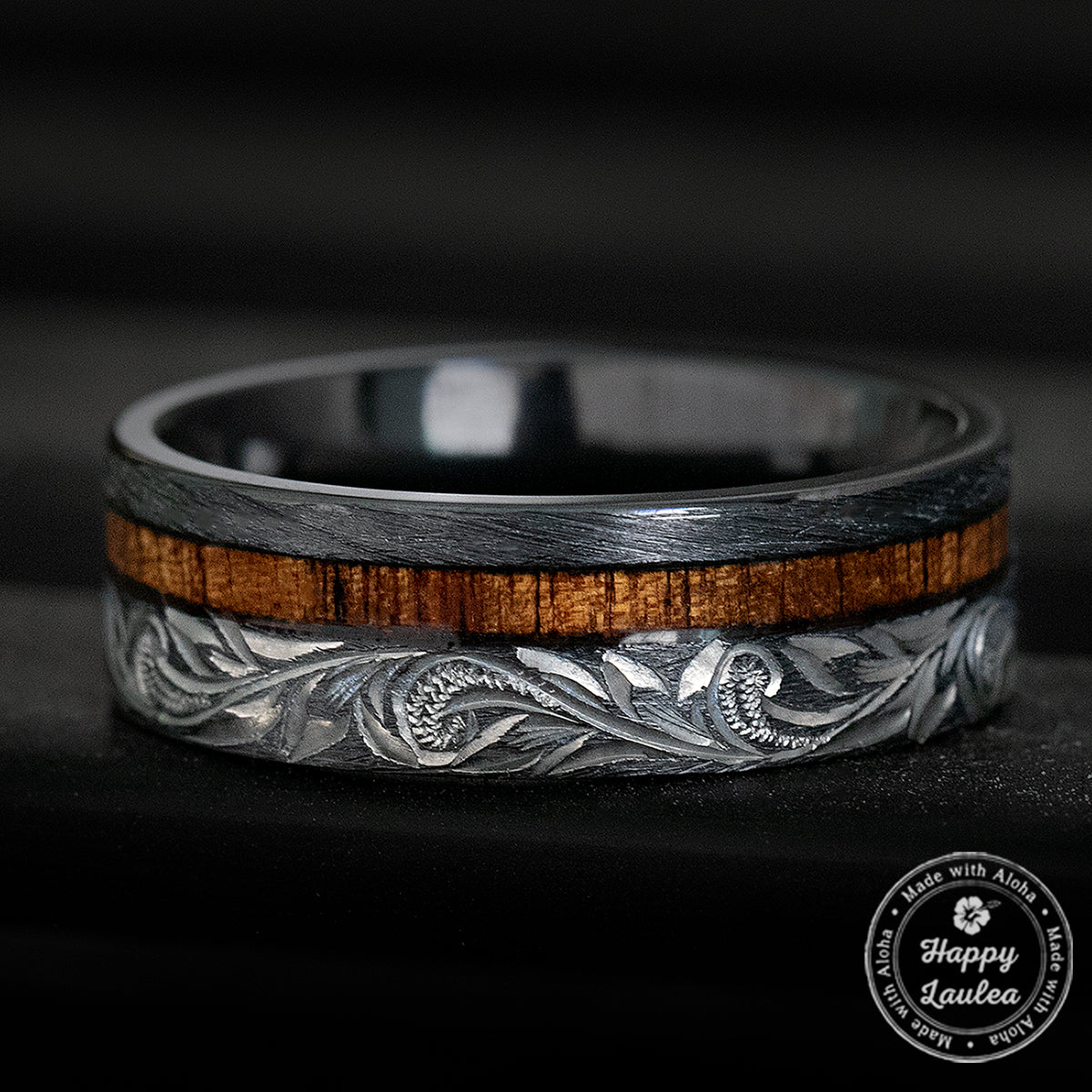 Black Zirconium Hand Engraved Ring [8mm width] Offset Koa Wood Inlay - Flat Shape, Comfort Fitment