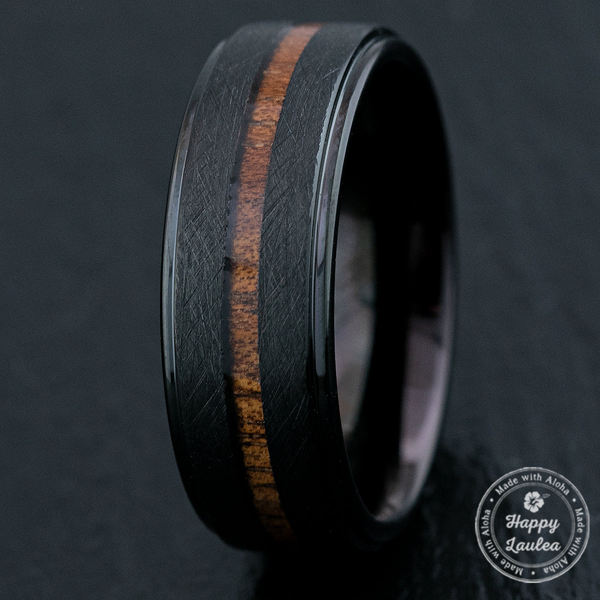 Black Tungsten Carbide Cross Brush Finish Ring with Hawaiian Koa Wood Inlay - 8mm, Flat Shape, Comfort Fitment