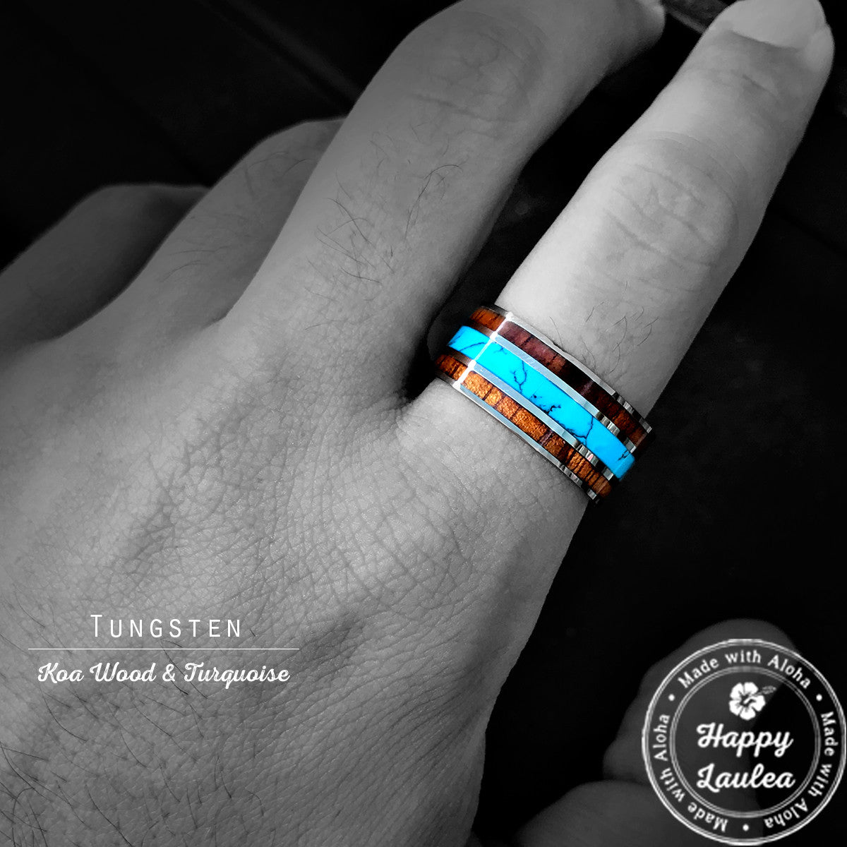 Tungsten Carbide 10mm Ring with Koa Wood and Turquoise Inlay