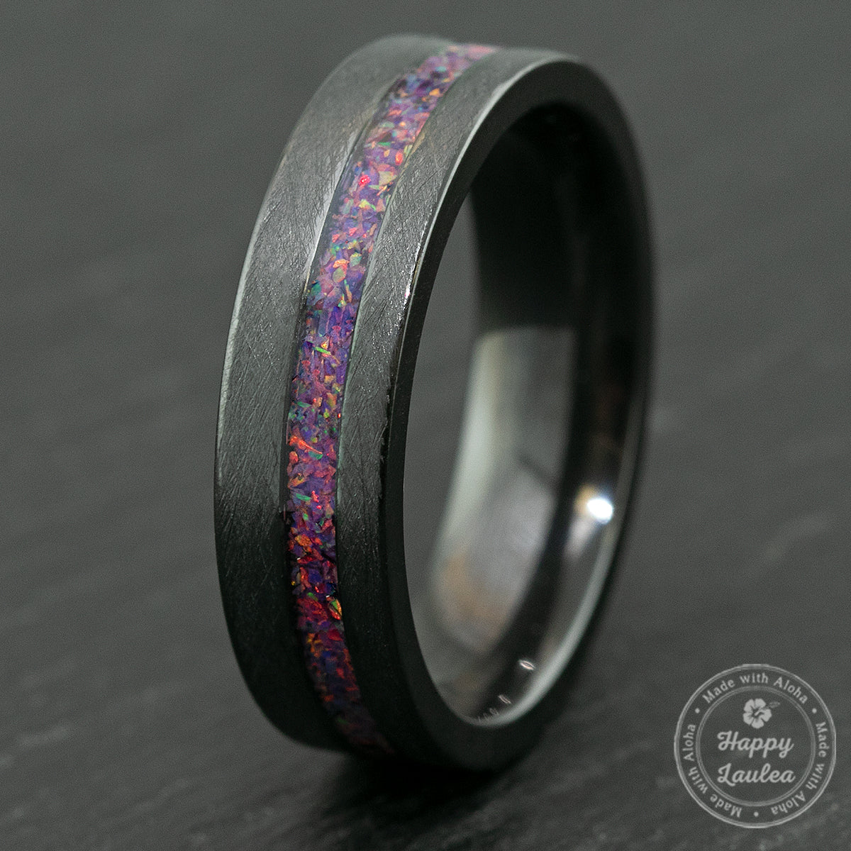 Zirconium Brushed Finish Ring with Lavender Fire Opal Offset Inlay / 6mm / Flat Shaped & Comfort Fitment