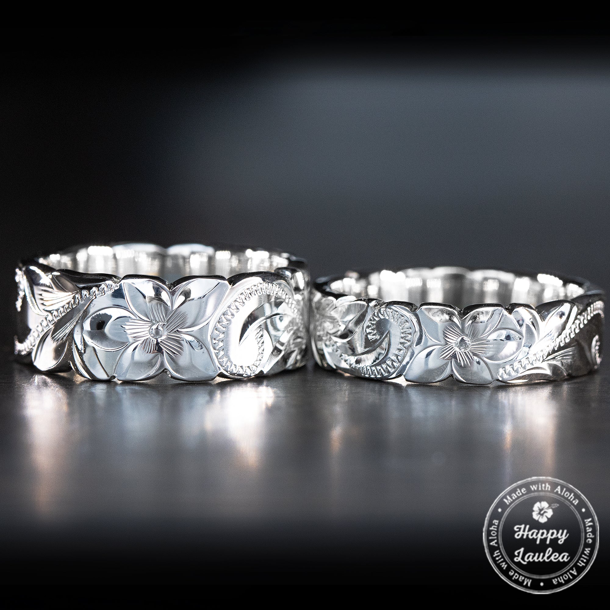 Pair of 6&8mm Sterling Silver Hawaiian Heirloom Rings - Flat Shape, Cutout Edges, Standard Fitment