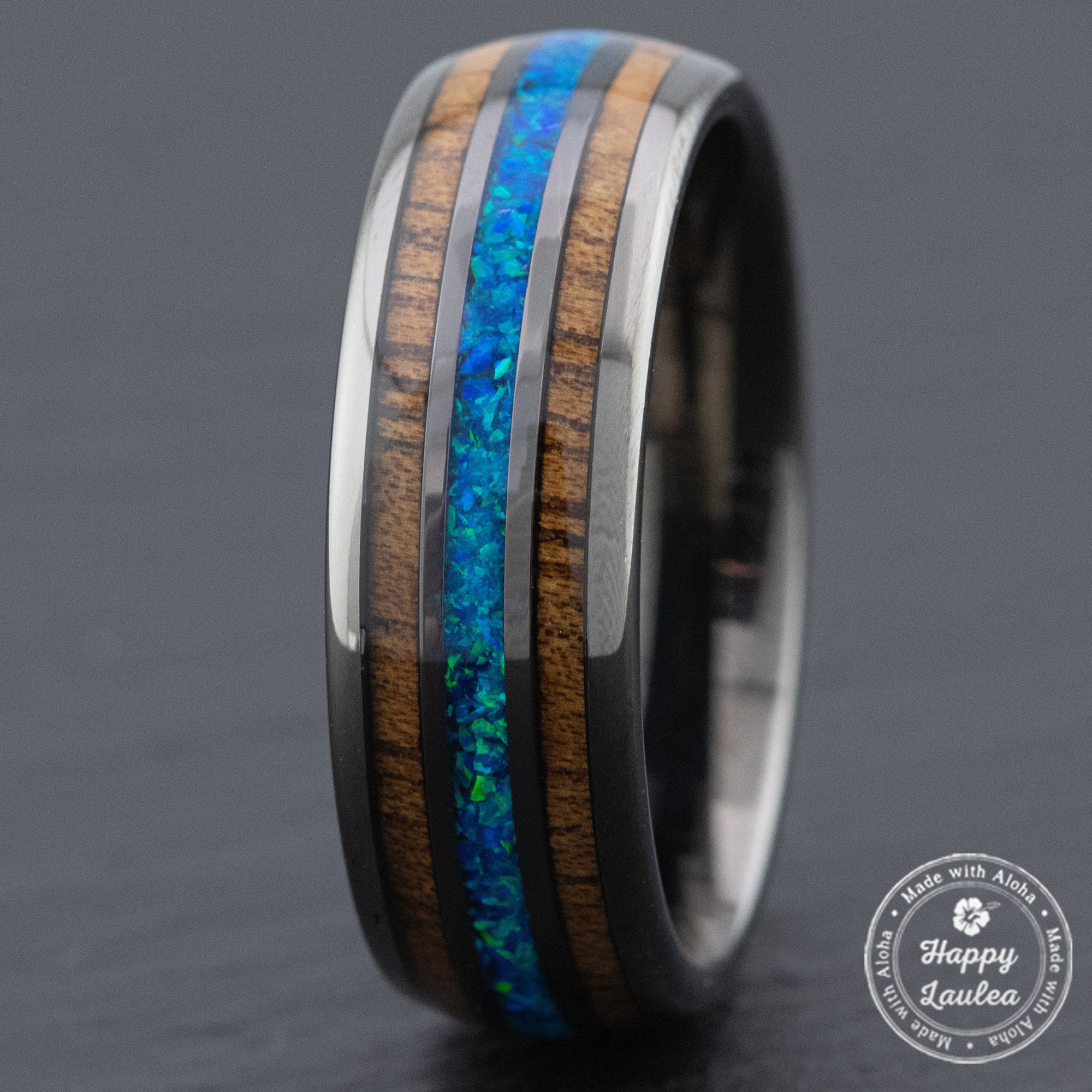 Gun Grey Tungsten Carbide Ring 8mm width Azure Blue Opal Hawaiian Koa Wood Tri Inlay