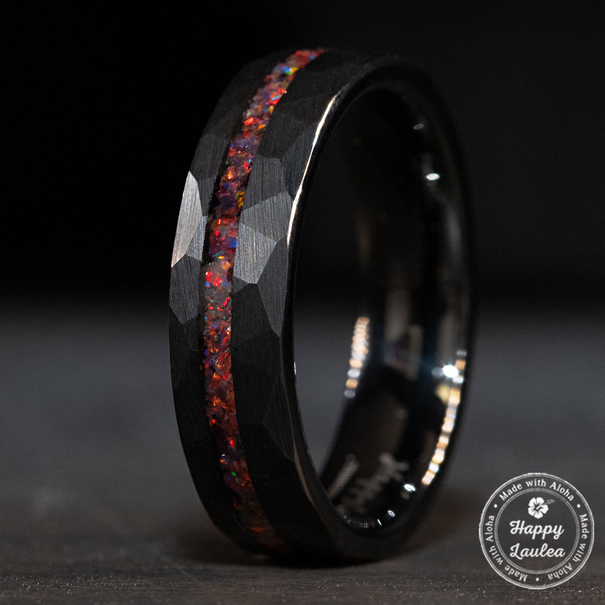 Black Tungsten Hammered Ring Offset Fire Opal Inlay [6mm Width] Flat S