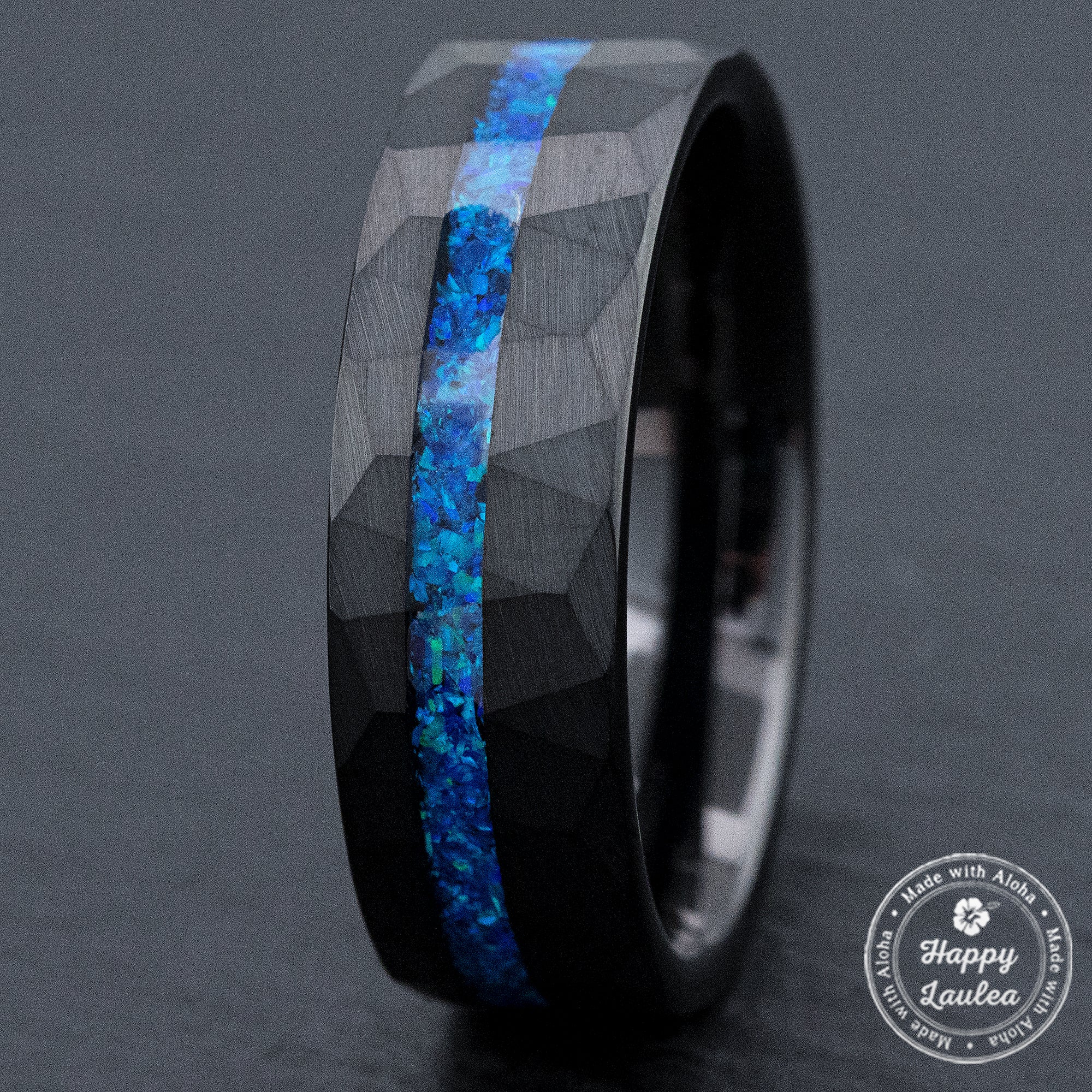 Black Tungsten Hammered Ring Offset Blue Opal Inlay 8mm Width Flat S