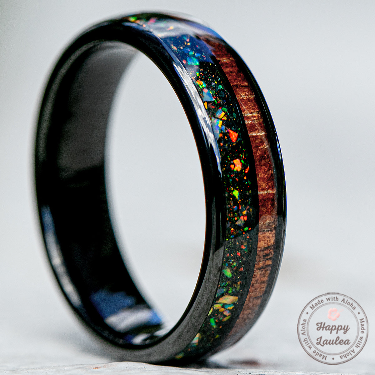 Black Tungsten Ring with Midnight Fire Opal Hawaiian Koa Wood Duo In