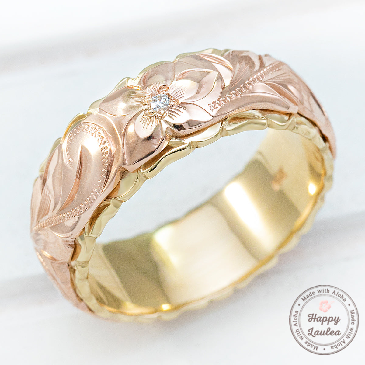 14K Gold Two Tone Ring With Hawaiian Hand Engraved Heritage Design