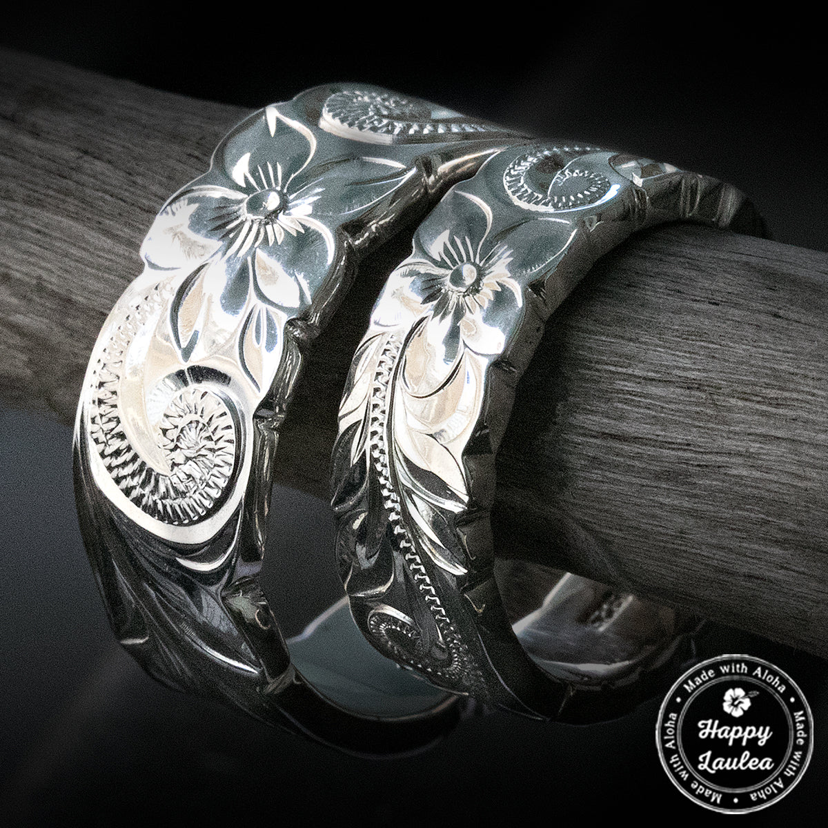 Pair of 6&8mm Sterling Silver Hawaiian Heirloom Rings - Flat Shape, Cutout Edges, Standard Fitment