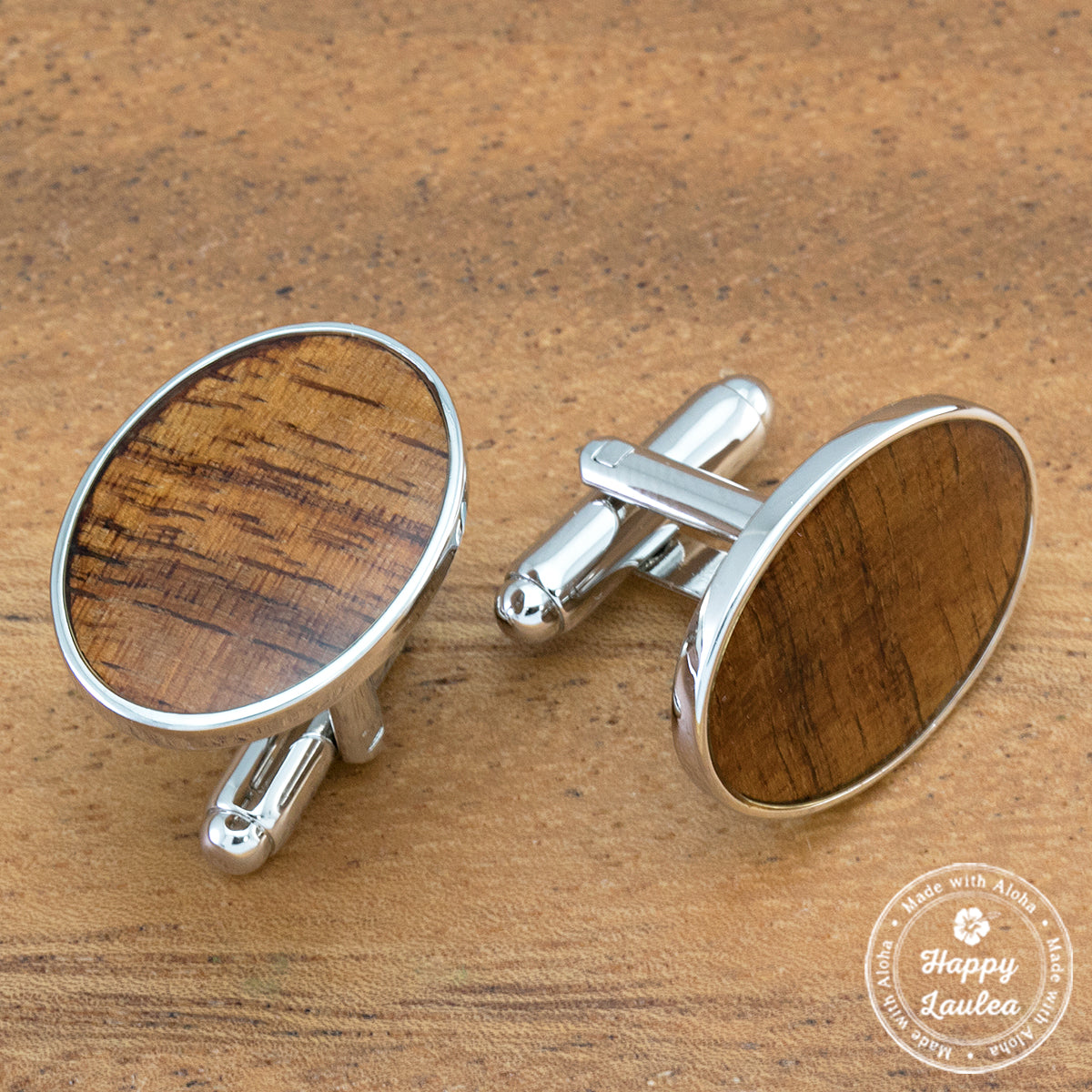 Silver Coated Brass Oval Cuff Links with Hawaiian Koa Wood inlay - 12mm x 14mm