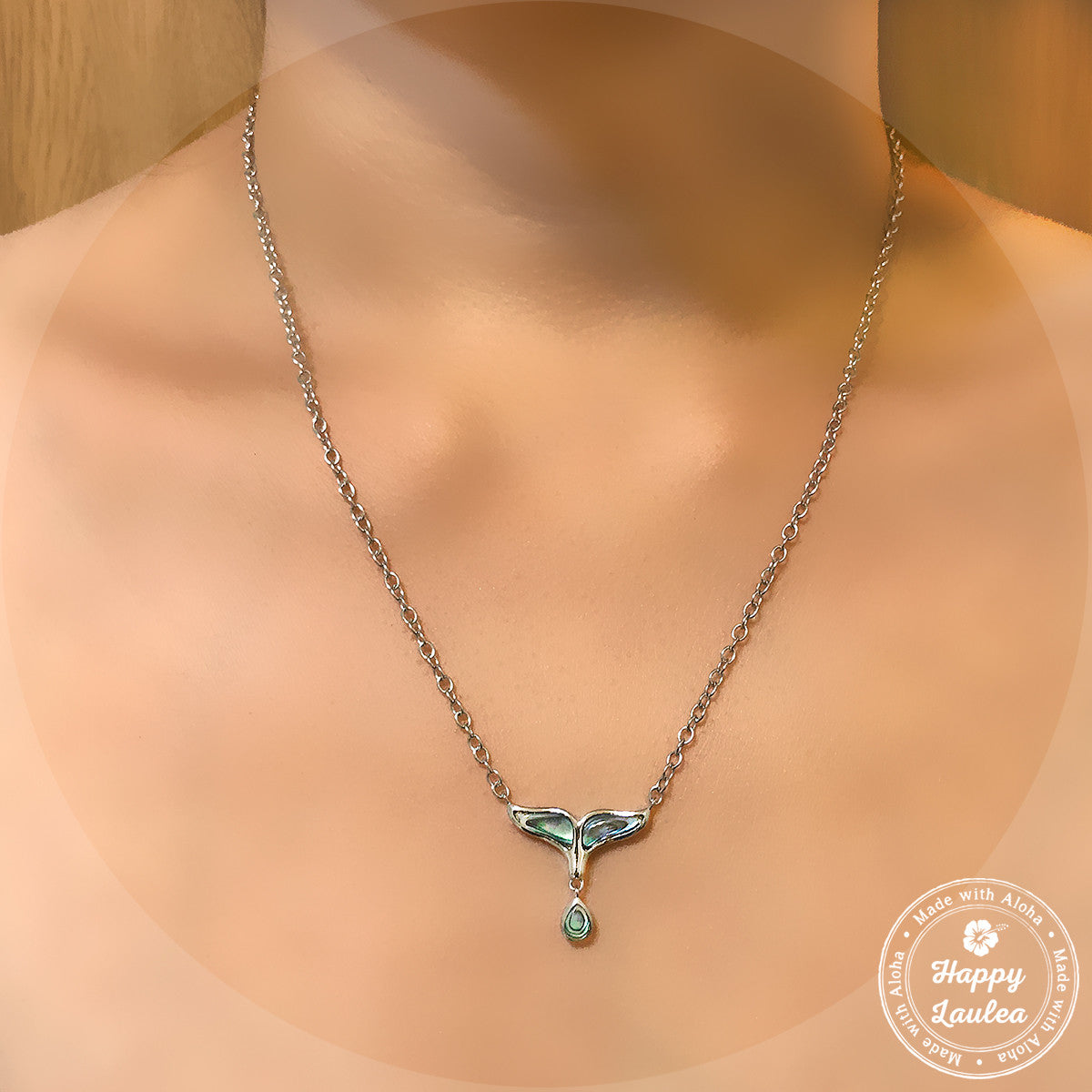 925 Sterling Silver Whale Tail & Tear Drop Necklace with Abalone Pau'a Shell Inlay