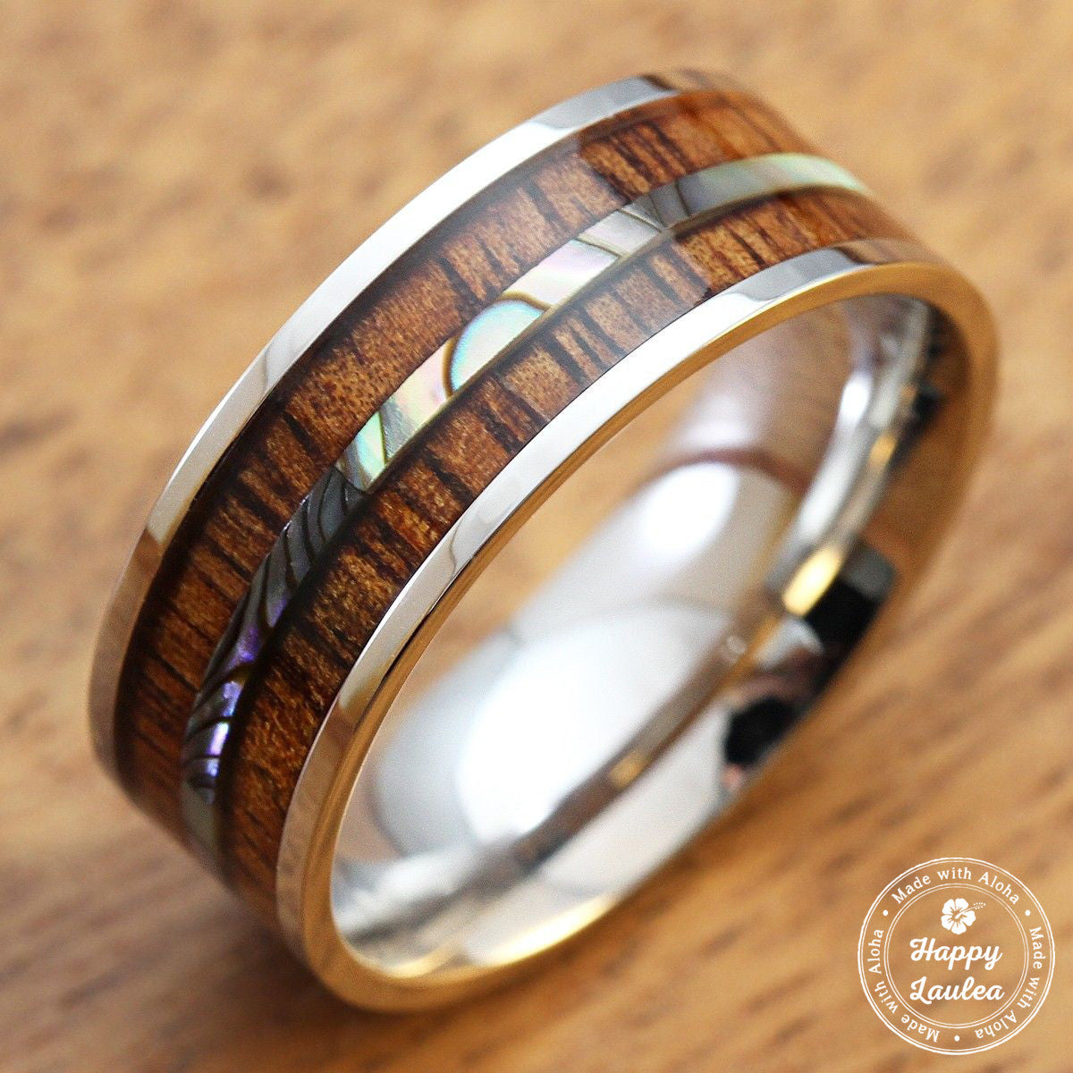 Tungsten Carbide Ring [8mm width] Hawaiian Koa Wood and Thin Mid-Strip  Abalone Shell Inlay