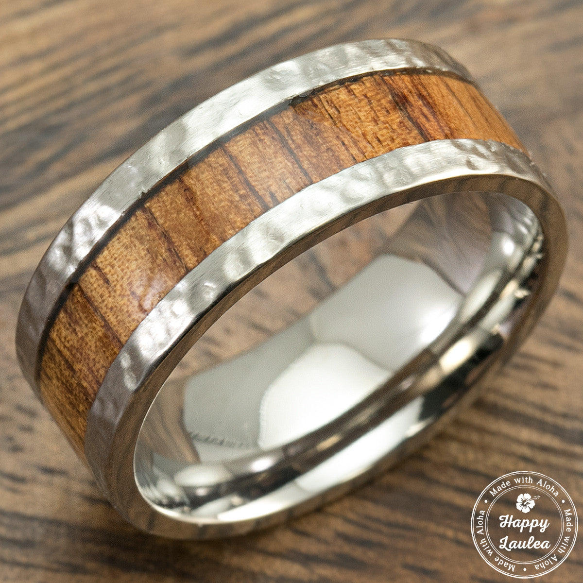 Hammered Titanium Ring with Hawaiian Koa Wood inlay - 8-10mm Comfort  Fitment, Flat Shaped