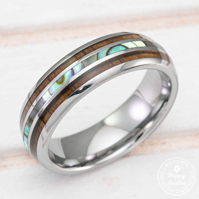 Tungsten Carbide Ring with Koa Wood & Abalone Shell Tri Inlay - 6mm, Dome Shape Comfort Fitment