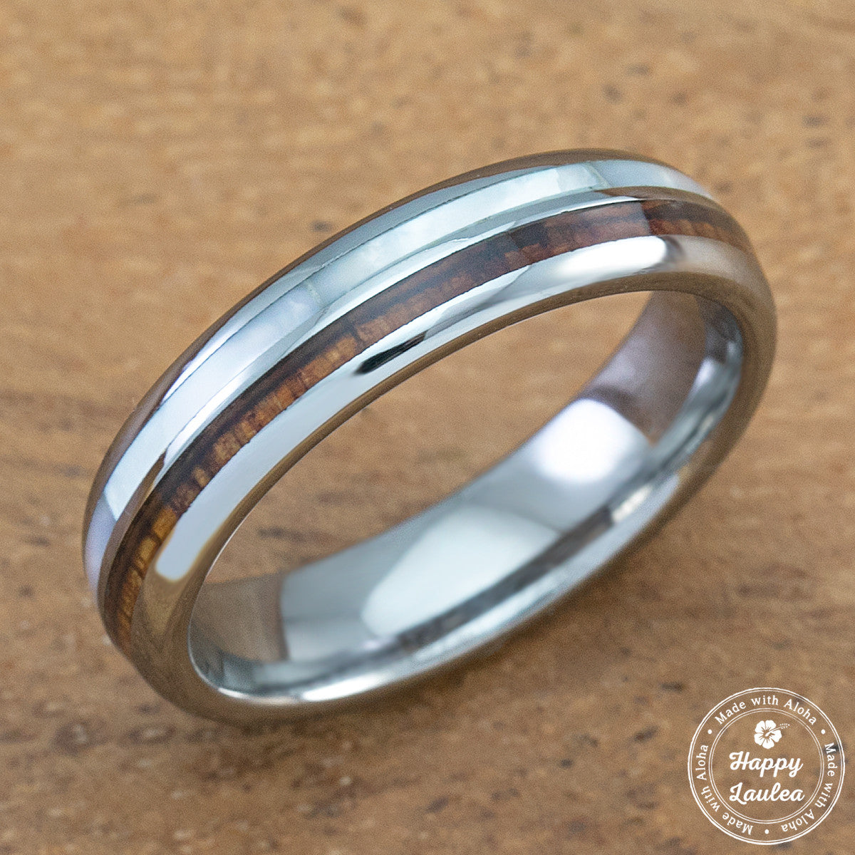 Tungsten Carbide Ring with Koa Wood Mother of Pearl Inlay 5mm, Dom