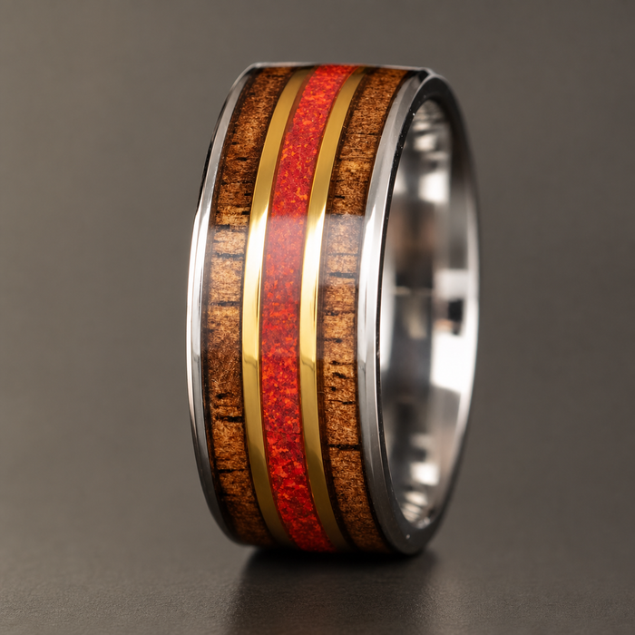 Titanium 'The Lava' Ring [10mm width] Hawai'i Koa Wood
