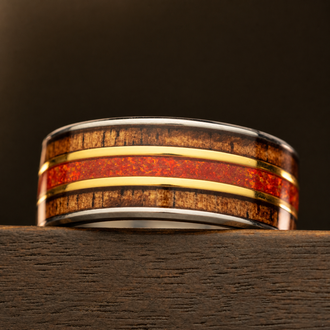 Titanium 'The Lava' Ring [10mm width] Hawai'i Koa Wood