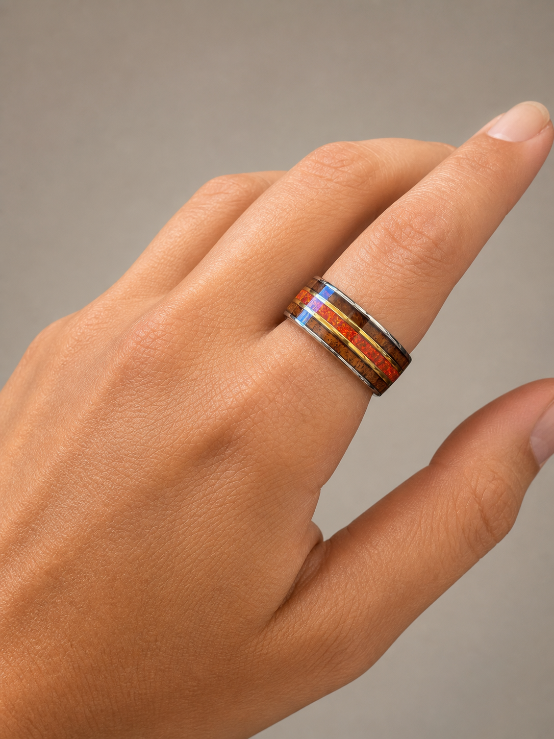 Titanium 'The Lava' Ring [10mm width] Hawai'i Koa Wood