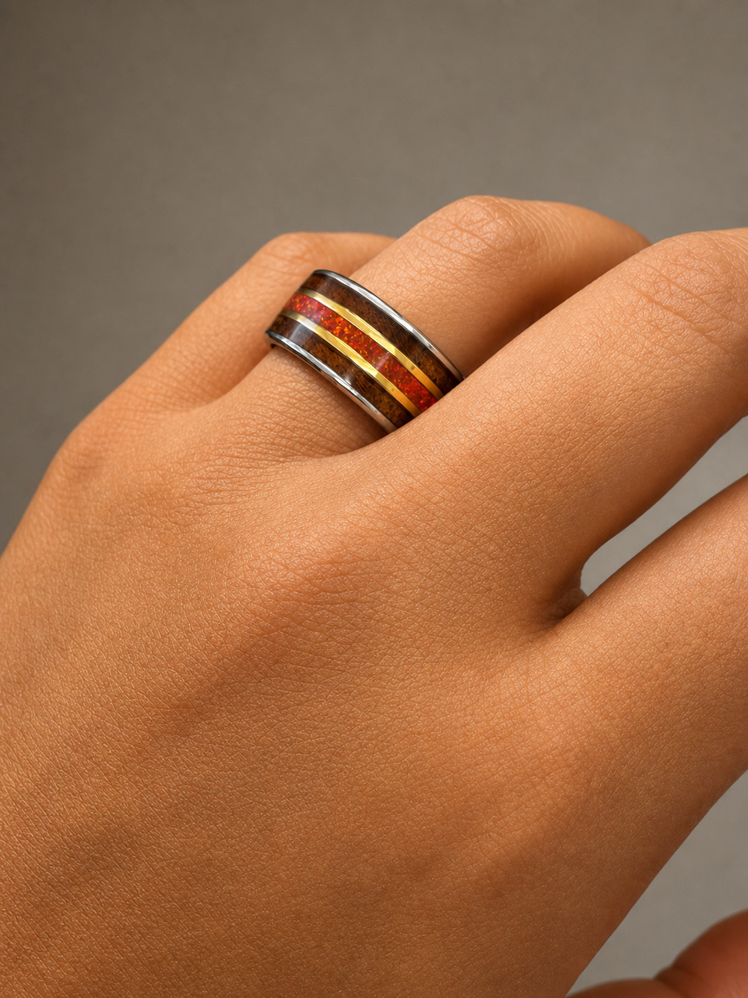 Titanium 'The Lava' Ring [10mm width] Hawai'i Koa Wood