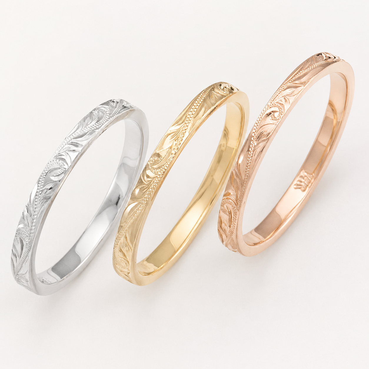 Solid Gold Hand Engraved Ring [2mm] Hawaiian Old English Design -  Flat Shape