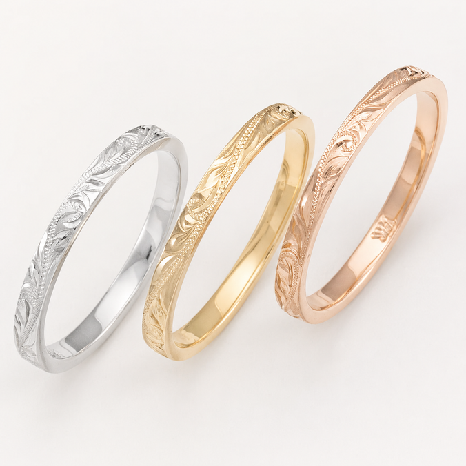 Solid Gold Hand Engraved Ring [2mm] Hawaiian Old English Design -  Flat Shape