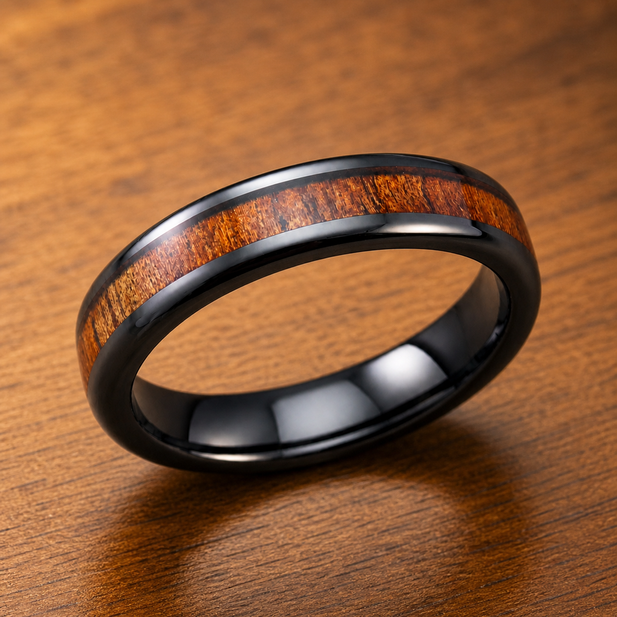 HI-TECH Black Ceramic Ring with Koa Wood Inlay - 4mm, Flat Shape, Comfort Fitment