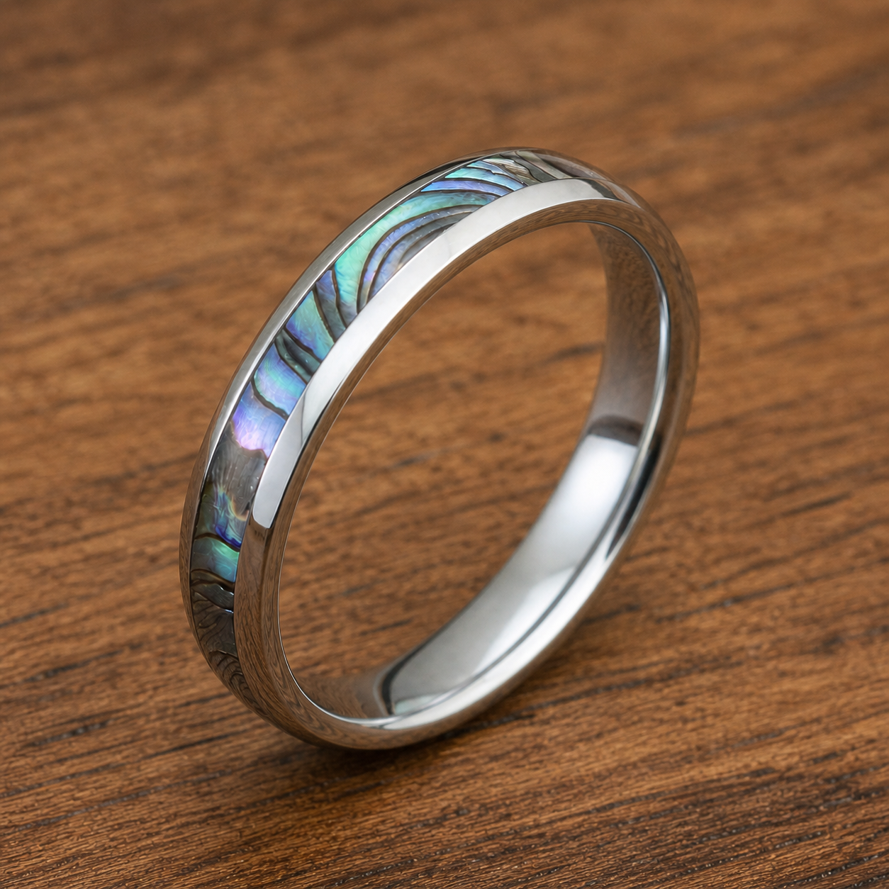 Thin Tungsten Carbide Ring with Abalone Shell Inlay - 4mm, Dome Shape, Comfort Fitment