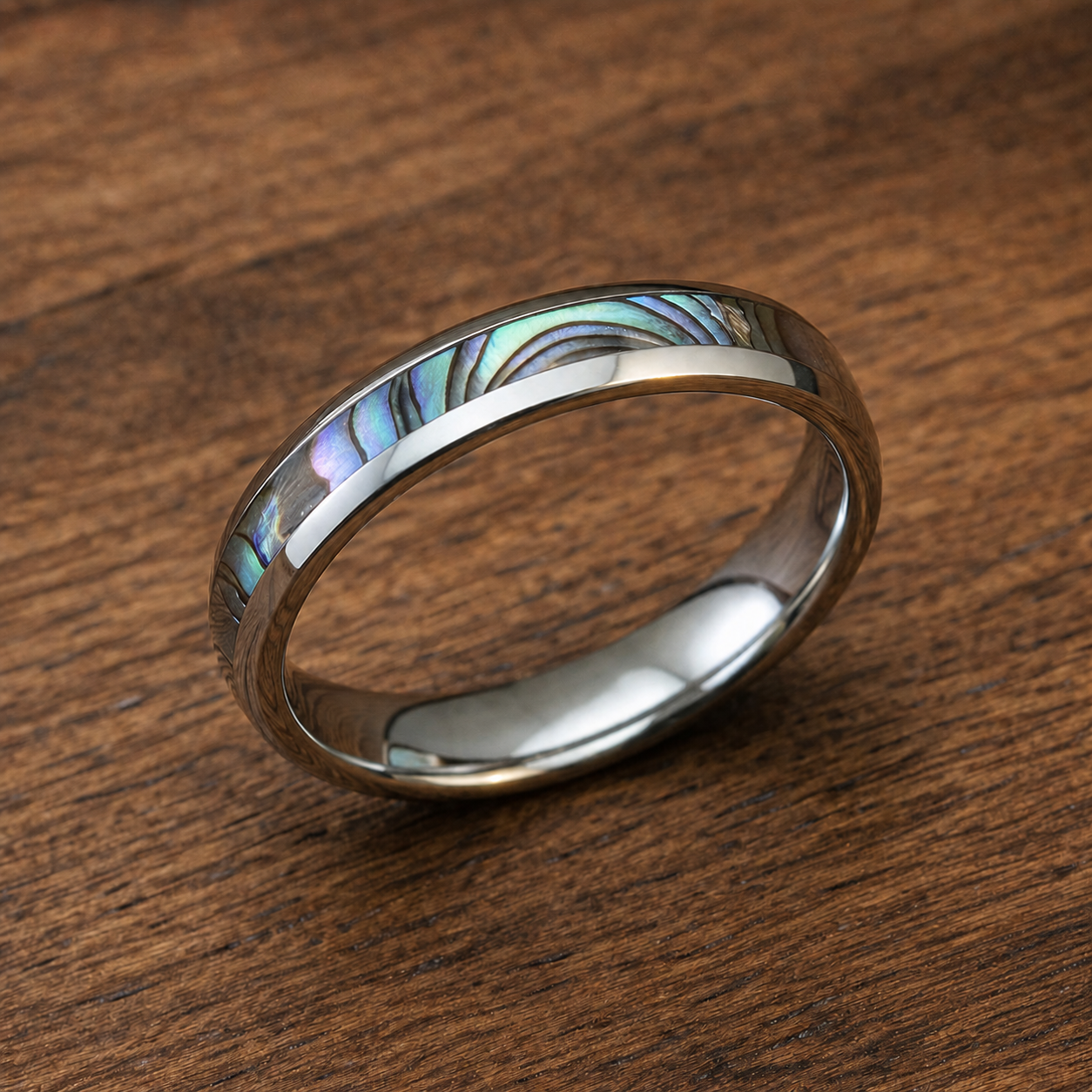 Thin Tungsten Carbide Ring with Abalone Shell Inlay - 4mm, Dome Shape, Comfort Fitment