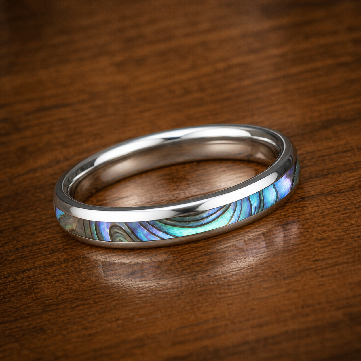 Thin Tungsten Carbide Ring with Abalone Shell Inlay - 4mm, Dome Shape, Comfort Fitment